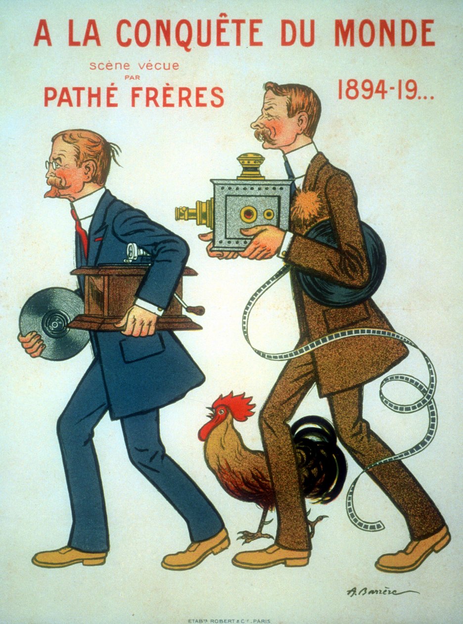 Cartaz de 1898 de Adrien Barrere para os irmãos Charles Pathe (1863-1957) e Emile Pathe (1860-1937) Engenheiros franceses, produtores de cinema, aqui com o Galo (seu símbolo), projetor e fonógrafo de Unbekannt