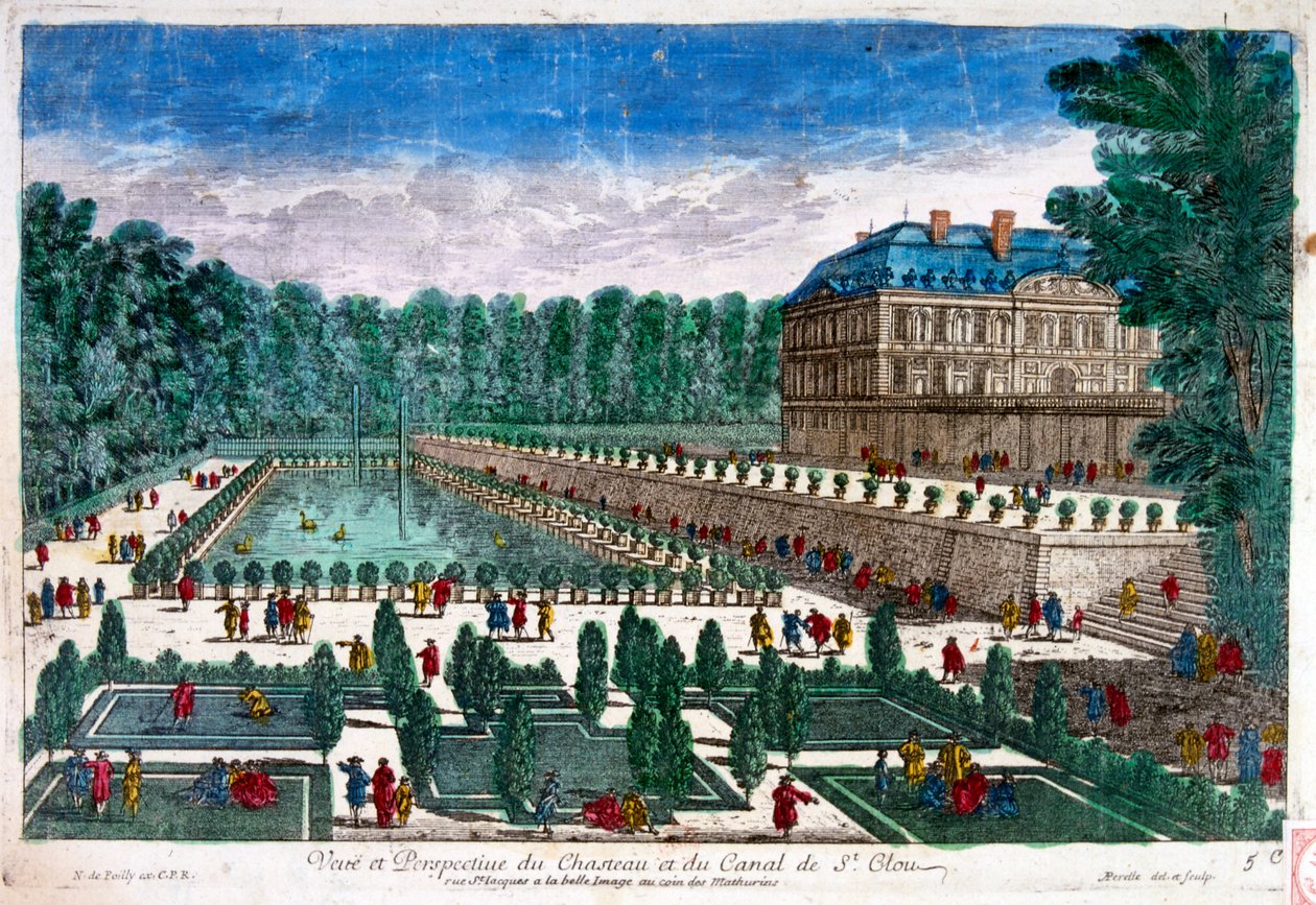 Século XVIII, Ilustração, mostrando o Château de Saint-Cloud, um palácio em França, em Saint-Cloud em Hauts-de-Seine, a oeste de Paris. O castelo foi ampliado por Filipe de França, duque de Orleães, no século XVII, e finalmente ampliado por Maria Antonieta de Unbekannter Künstler