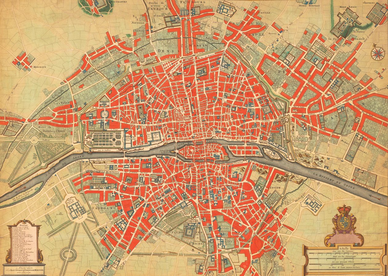 Mapa de Paris, França, do século XVIII. (imprimir) de Unbekannter Künstler