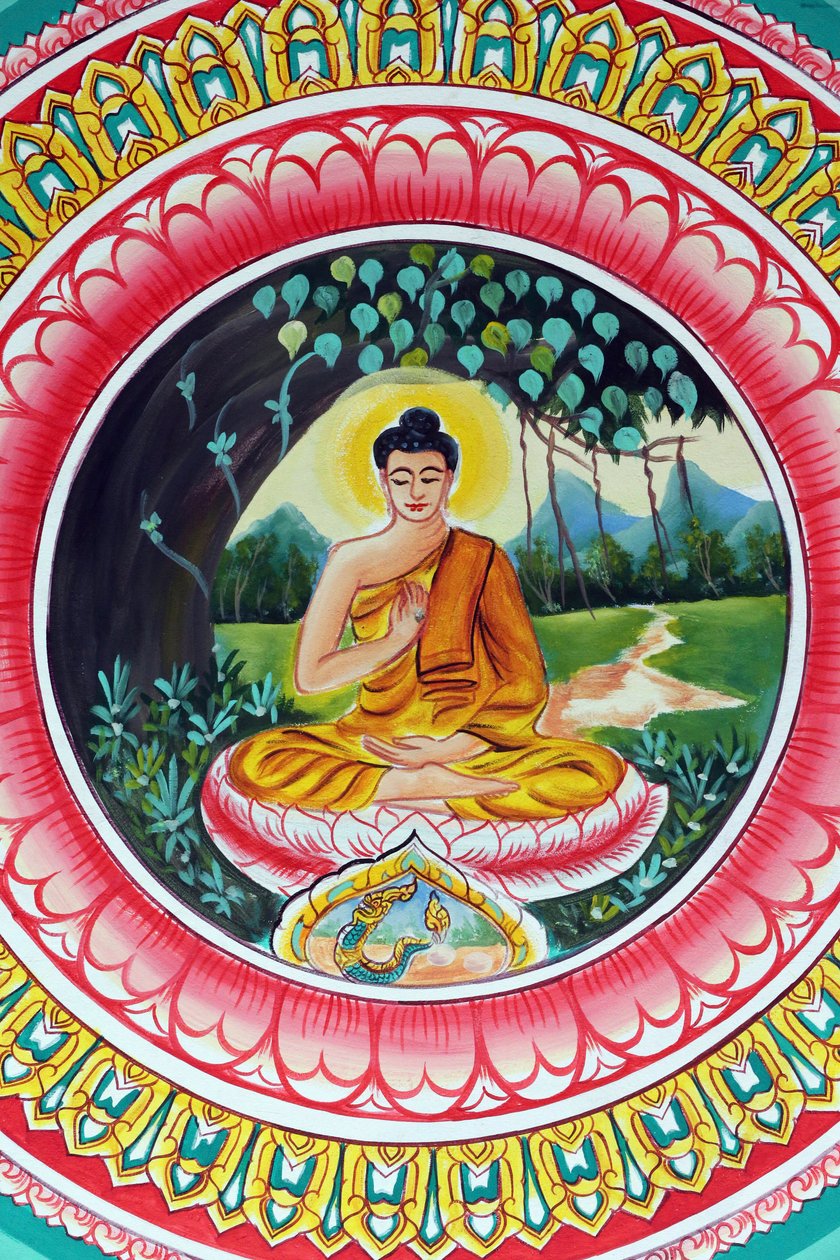 20151029, Vientiane, Laos : Wat templo budista Inpeng. Pintura retratando a história de vida de Shakyamuni Buda. O Buda Ensinante retrata um momento particular na vida do Buda, a saber, o primeiro sermão que o Buda deu depois de alcançar a Iluminação. de Unbekannt