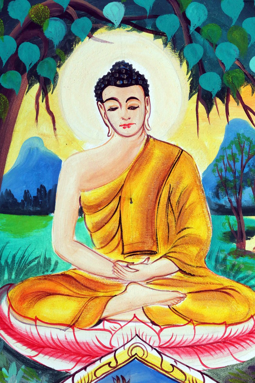 20151029, Vientiane, Laos : Wat templo budista Inpeng. Pintura retratando a história de vida de Shakyamuni Buda. Buda sentado na pose de meditação de Unbekannt