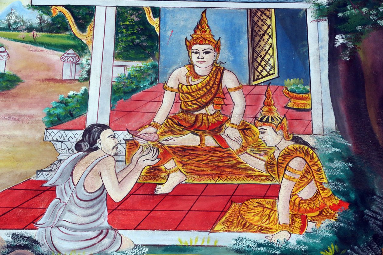 20151029, Vientiane, Laos : Wat templo budista Inpeng. Os Contos de Jataka são narrativas sobre as vidas anteriores do Buda (isto é, antes de ele ter nascido pela última vez para se tornar o Buda). de Unbekannt
