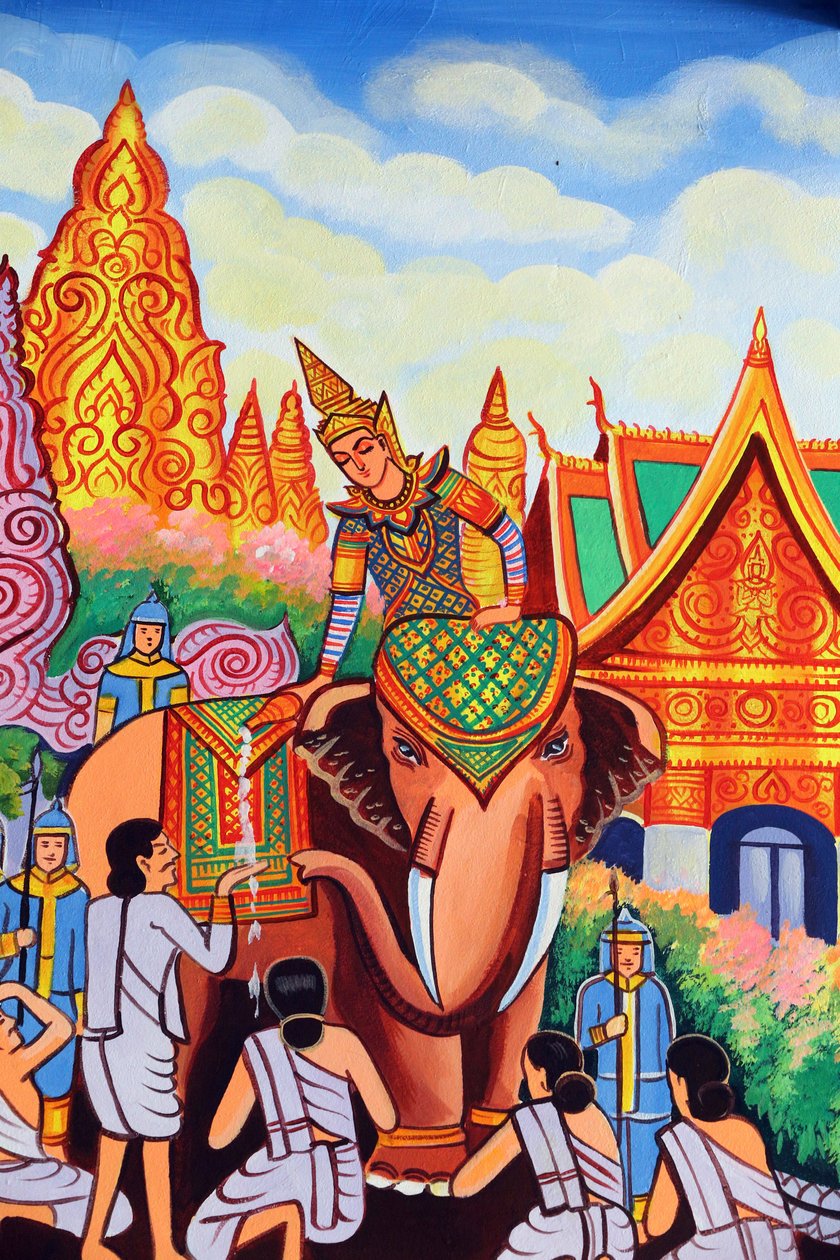 20151029, Vientiane, Laos : Wat Si Muang ( Simuong) templo budista. Pintura retratando a história de vida de Shakyamuni Buda de Unbekannt