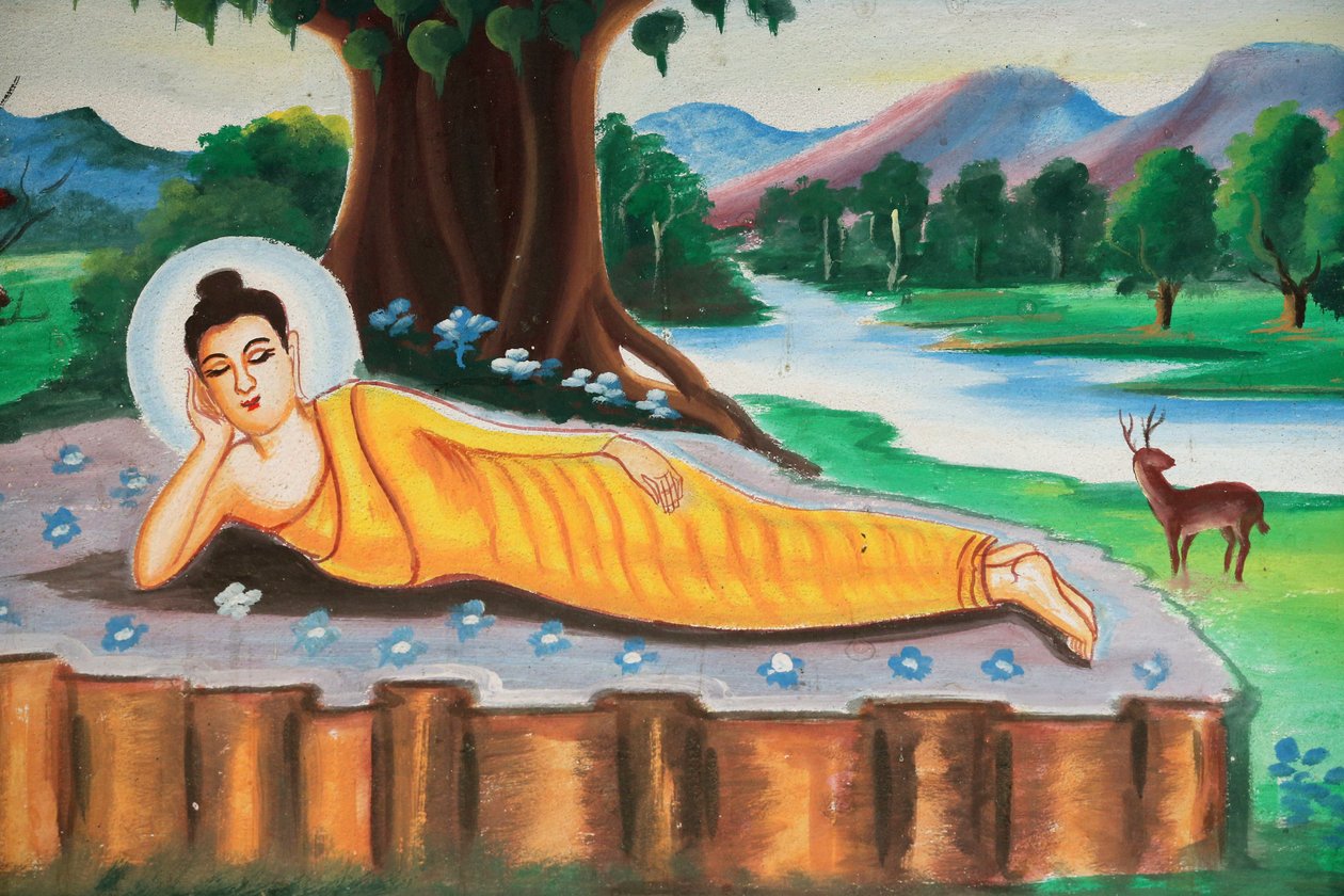 20151102, Vang Vieng, Laos : Pintura retratando a história de vida de Shakyamuni Buddha. Buda Reclinado de Unbekannt