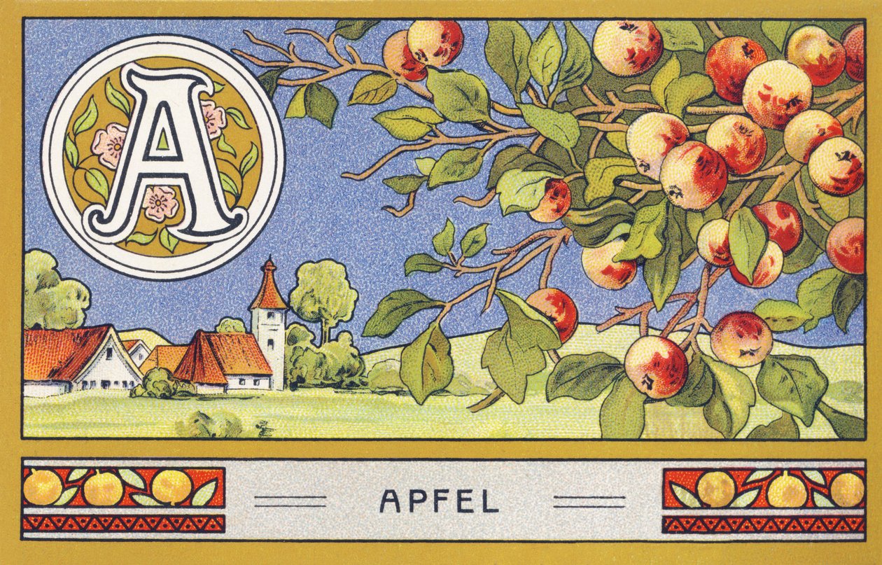 R: Apfel - Alfabeto Palmin. Série de cromolitógrafos publicada por H. Schlinck & Cie, Hamburg, n.d. . Anúncio para Palmin feinstes Cocosfett. Tamanho : 7 x 11 cm de Unbekannter Künstler