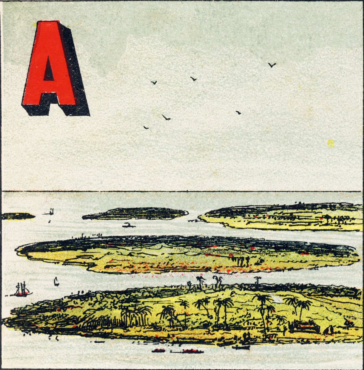 R: Arquipélago. É um grupo de ilhas unidas no mesmo mar - Gravura extraída da geografia alfabética. Guerin-Muller et Cie, editeurs, Paris de Unbekannt