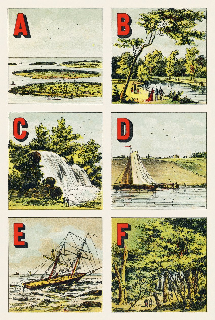 A B C D E F : arquipélago, Bois de Boulogne, cascata, dique, floresta de Fontainebleau - Gravura extraída da geografia alfabética. Guerin-Muller et Cie, editeurs, Paris de Unbekannt