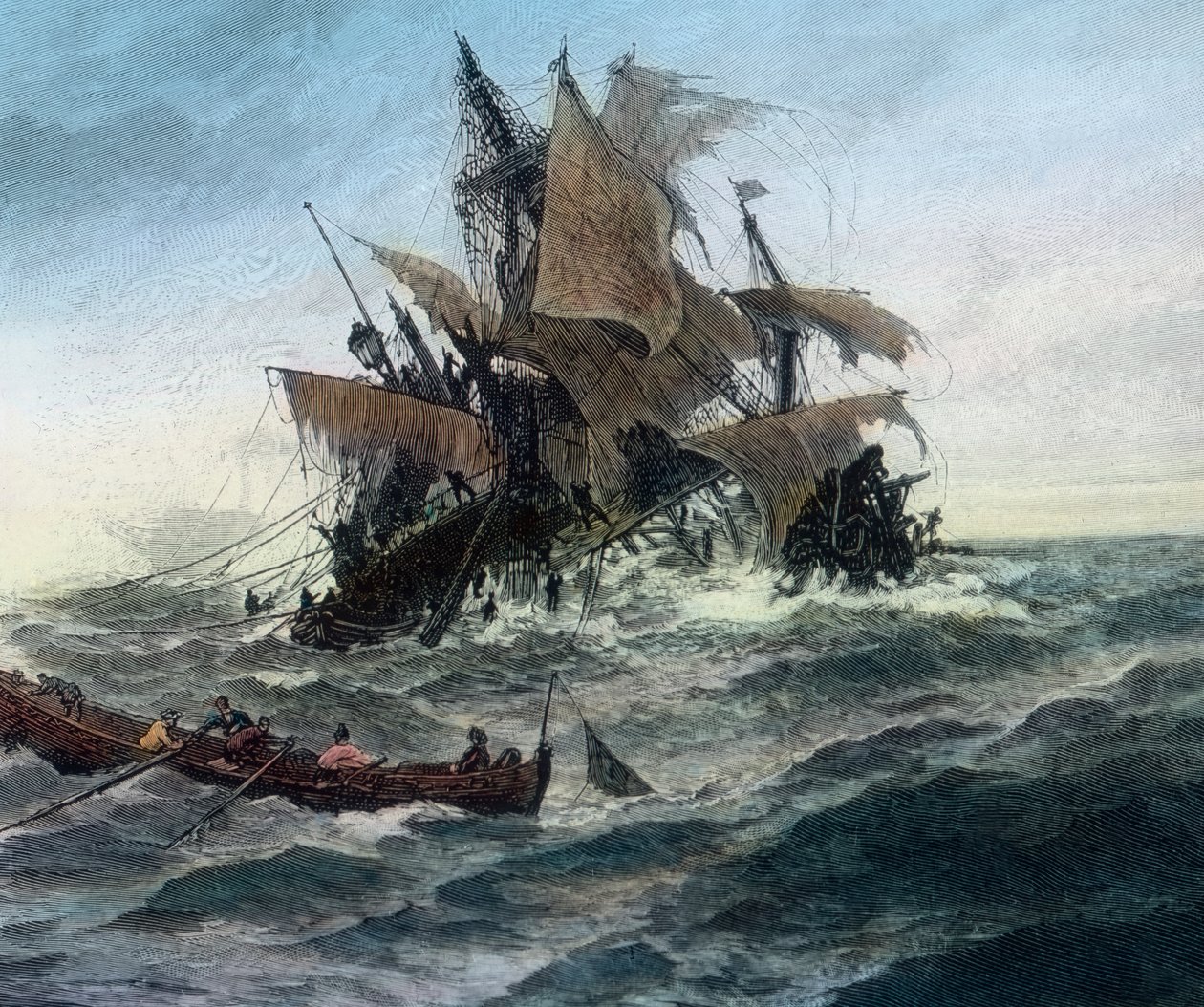 Um navio dinamarquês, que pretende levar ajuda à cidade de Stralsund, está a naufragar de Unbekannter Künstler