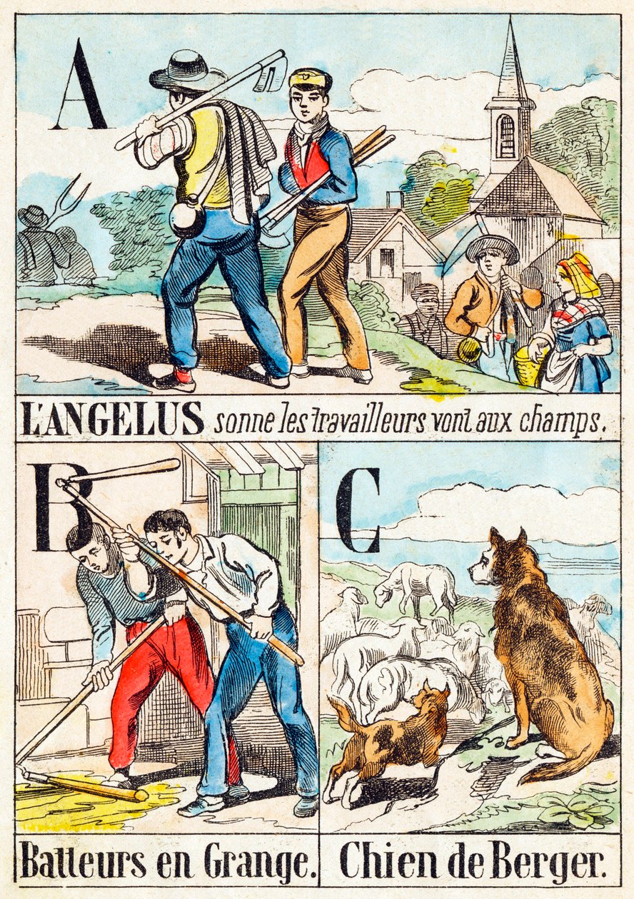 A Os anéis do Angelus, os trabalhadores vão para os campos; B Os Mestres no celeiro; C O cão do pastor - "Alfabeto da fazenda" no final do século XIX (gravura) de Unbekannt