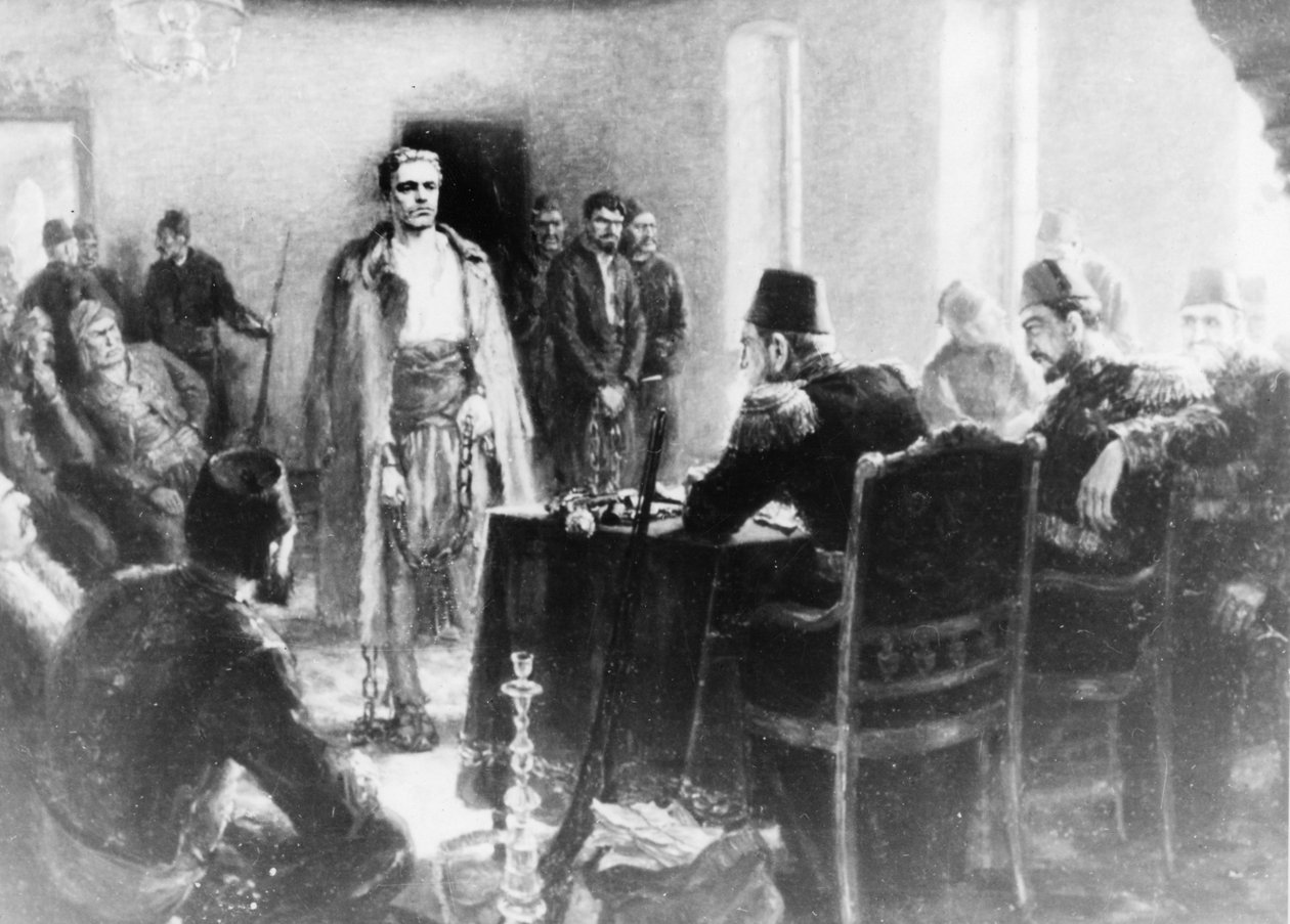 Uma Pintura de Kalina Tasseva representando o revolucionário búlgaro Vasil Levski, em frente a um Tribunal do Império Otomano de Unbekannt