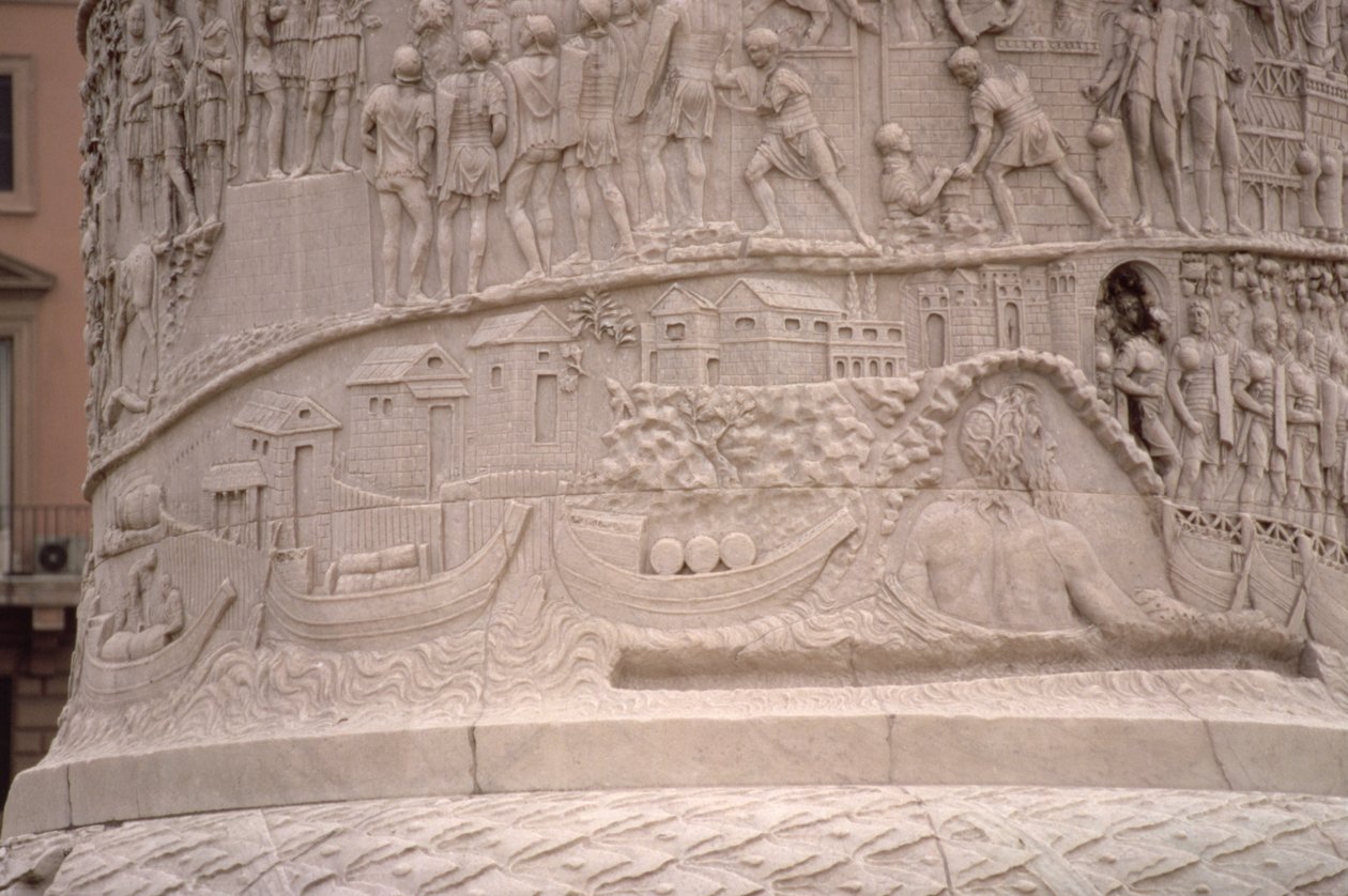 Um Porto Romano e a Construção de um Acampamento Romano, da Coluna de Trajano, século II d.C. (pedra esculpida) (detalhe) de Unbekannt