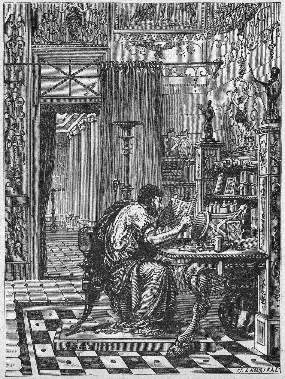 Um romano na sua biblioteca, c.1880 (Gravura) de Unbekannter Künstler