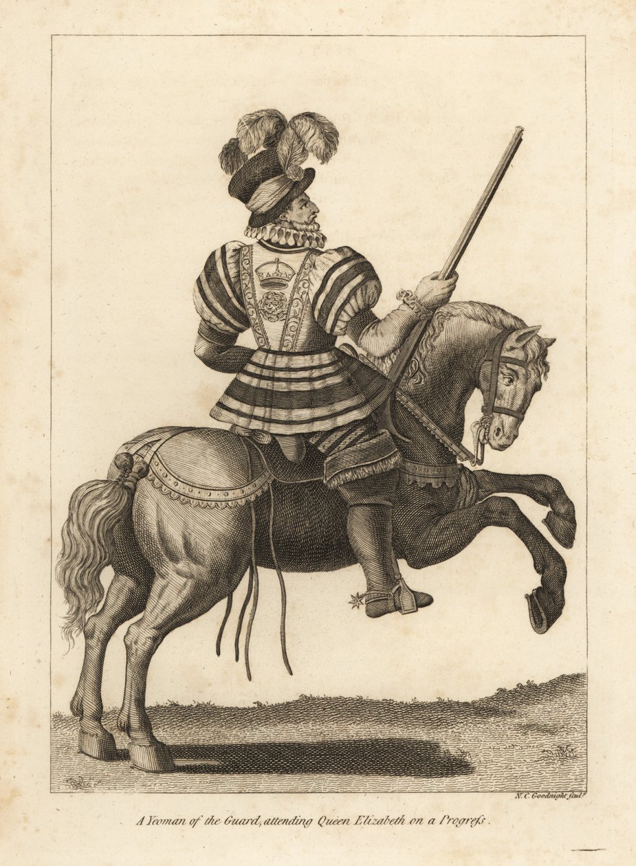 Uma Yeoman of the Guard que assiste a Rainha Elizabeth I num Progresso de Unbekannt