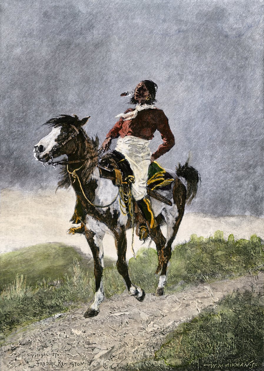 Um corajoso comanche, viajando a cavalo nas pradarias do sul (Texas, Oklahoma, EUA), por volta de 1800. Litografia de Unbekannter Künstler