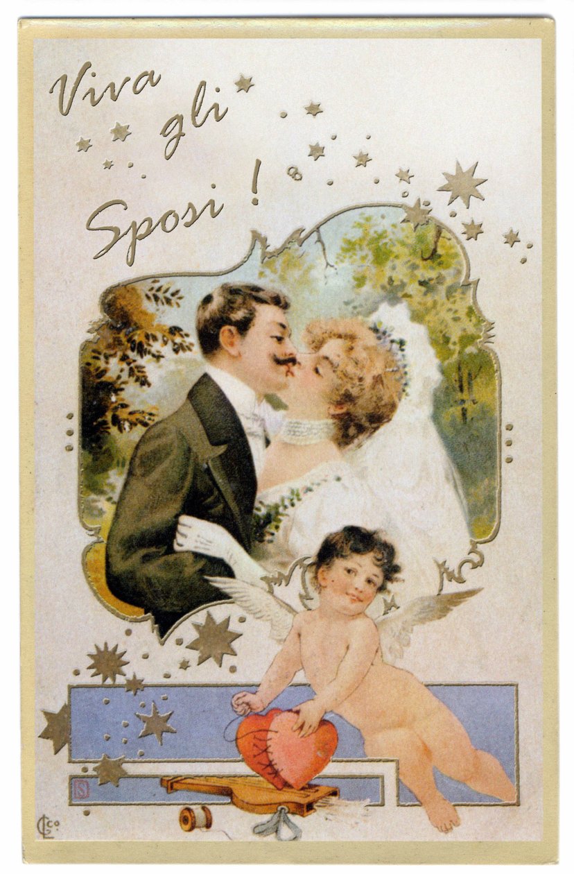 Um casal de recém-casados a beijar-se. "Viva os maridos"" Cartão postal de cerca de 1901. de Unbekannter Künstler