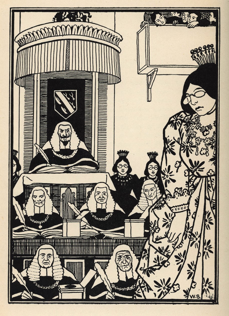 Uma corte em grande parte feminina parece ao Barão uma ironia digna de menção entre as suas aventuras. Ilustração de William Strang (1859-1921) e JB Clark de "The Adventures of the Baron of Munchausen (Munchhausen)" de Rudolf Erich Raspe (1736-1794) (1789) de Unbekannt