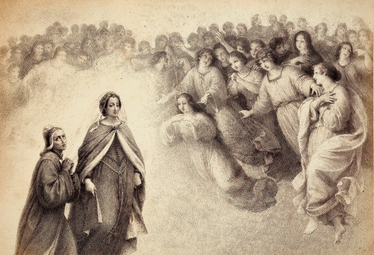 Um bando de sombras aproxima-se de Dante e Beatriz. Ilustração do Canto V do Paradiso de A Divina Comédia de Dante Alighieri. Obra de Franceso Scaramuzza dedicada ao Município de Florença. de Unbekannter Künstler
