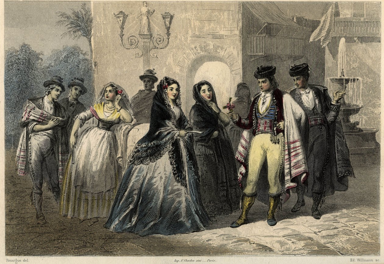 Uma cena galante em Mallorca (Mallorca, Mallorca), um jovem oferece uma flor a uma menina. no livro sobre o Mediterrâneo de Louis Enault (1824-1900), jornalista e viajante francês. de Unbekannter Künstler
