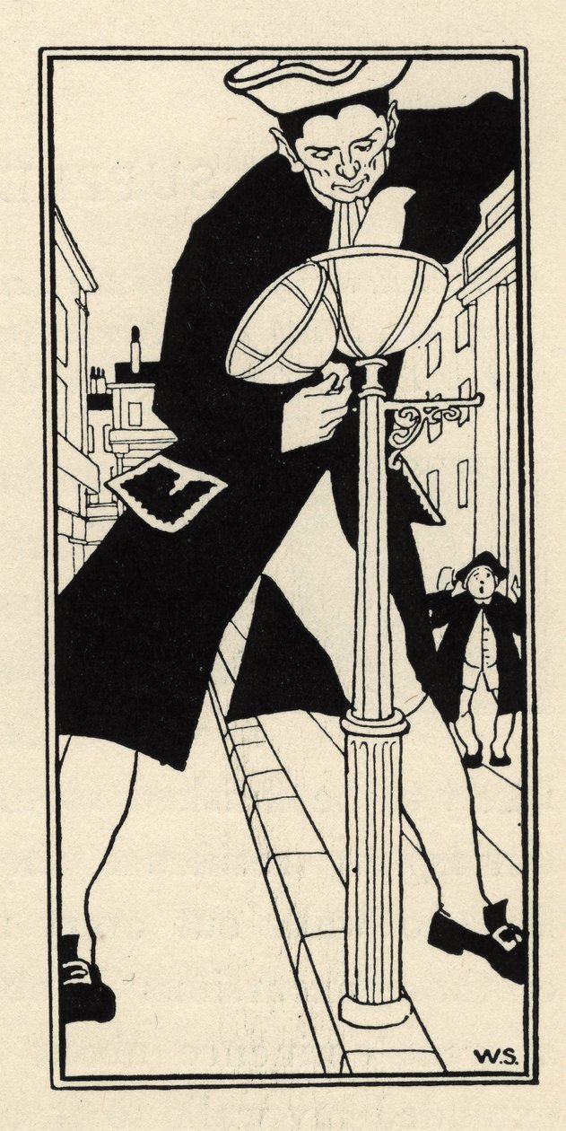 Um gigante, trazido pelo Barão de Munchausen da Ilha do Queijo na Inglaterra, acende as luzes da rua sem escada. Ilustração de William Strang (1859-1921) e JB Clark de "The Adventures of the Baron of Munchausen (Munchhausen)", de Rudolf Erich Ra de Unbekannt