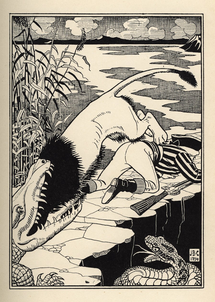 Um leão que queria atacar o Barão de Munchausen acabou por ficar com um crocodilo. Ilustração de William Strang (1859-1921) e JB Clark de "The Adventures of the Baron of Munchausen (Munchhausen)" de Rudolf Erich Raspe (1736-1794) (1789) de Unbekannt