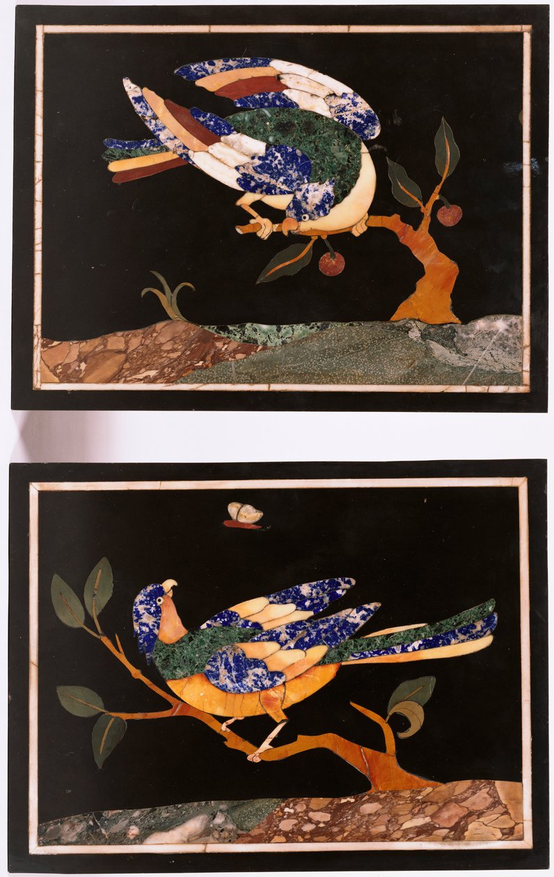 Um par de painéis de pietra dura florentino representando pássaros de Unbekannt