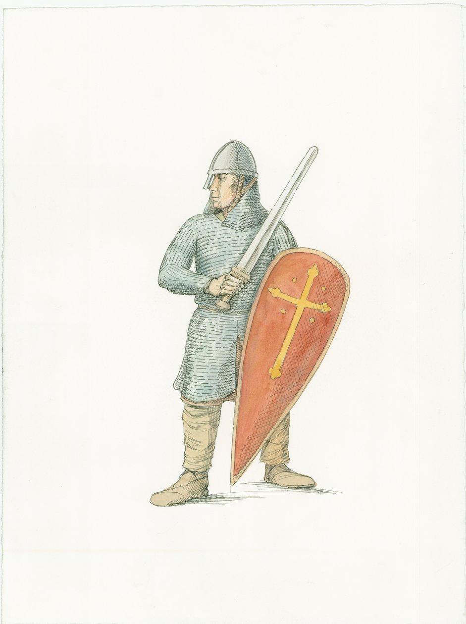 Uma ilustração de reconstrução mostrando um cavaleiro normando cerca de 1066 de Unbekannter Künstler
