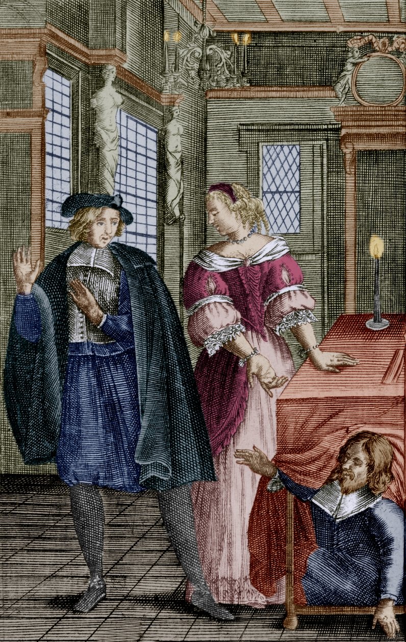 Cena da peça "Tartufo" de Molière (1664) com Orgon (debaixo da mesa), Elmire, sua mulher, e Tartufo, gravura de Unbekannter Künstler