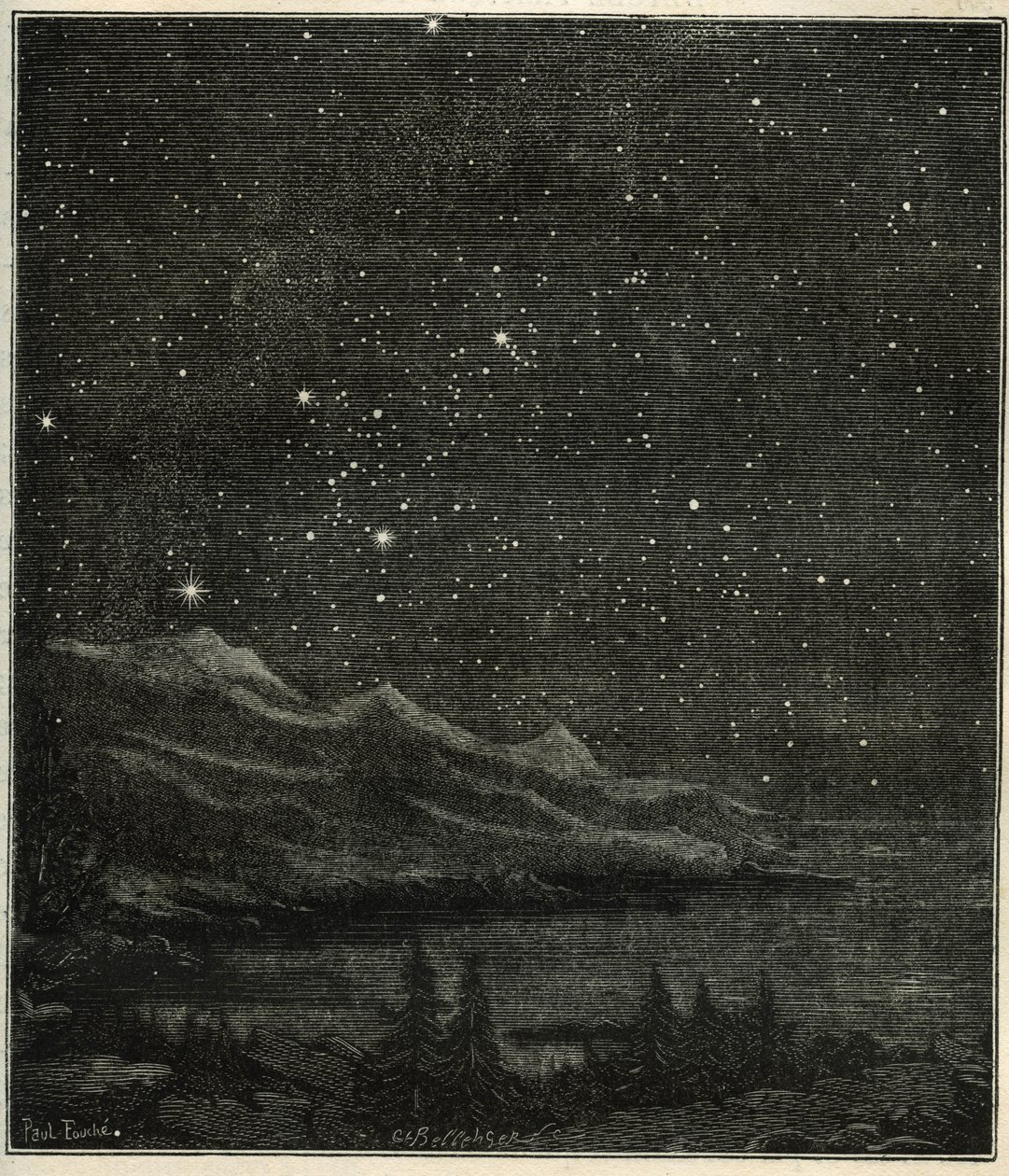 Uma noite estrelada perfeita para observar o céu. Gravura de "Les étoiles et les autres curiosites du ciel" do Camille Flammarion. de Unbekannter Künstler