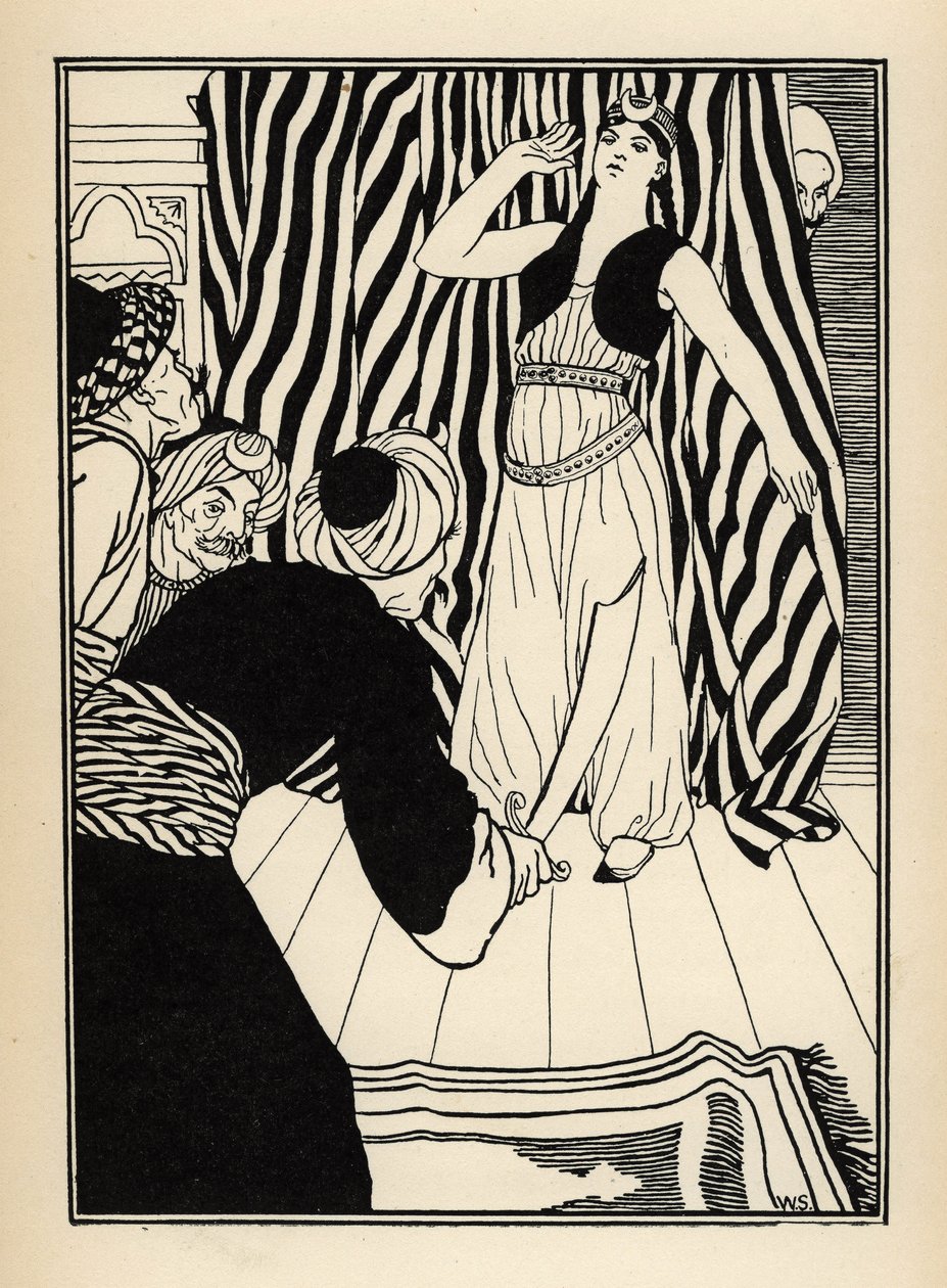 Um sultão esconde o Barão de Munchausen. Ilustração de William Strang (1859-1921) e JB Clark de "The Adventures of the Baron of Munchausen (Munchhausen)" de Rudolf Erich Raspe (1736-1794) (1789) de Unbekannt