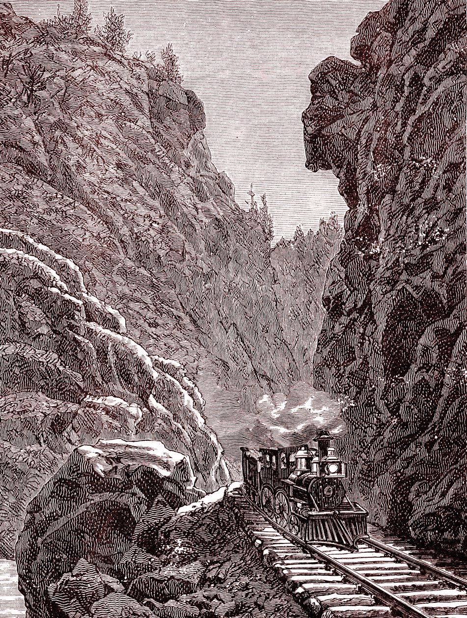 Um comboio a atravessar as montanhas do Colorado. E.U.A. em 1886 (gravura) de Unbekannter Künstler