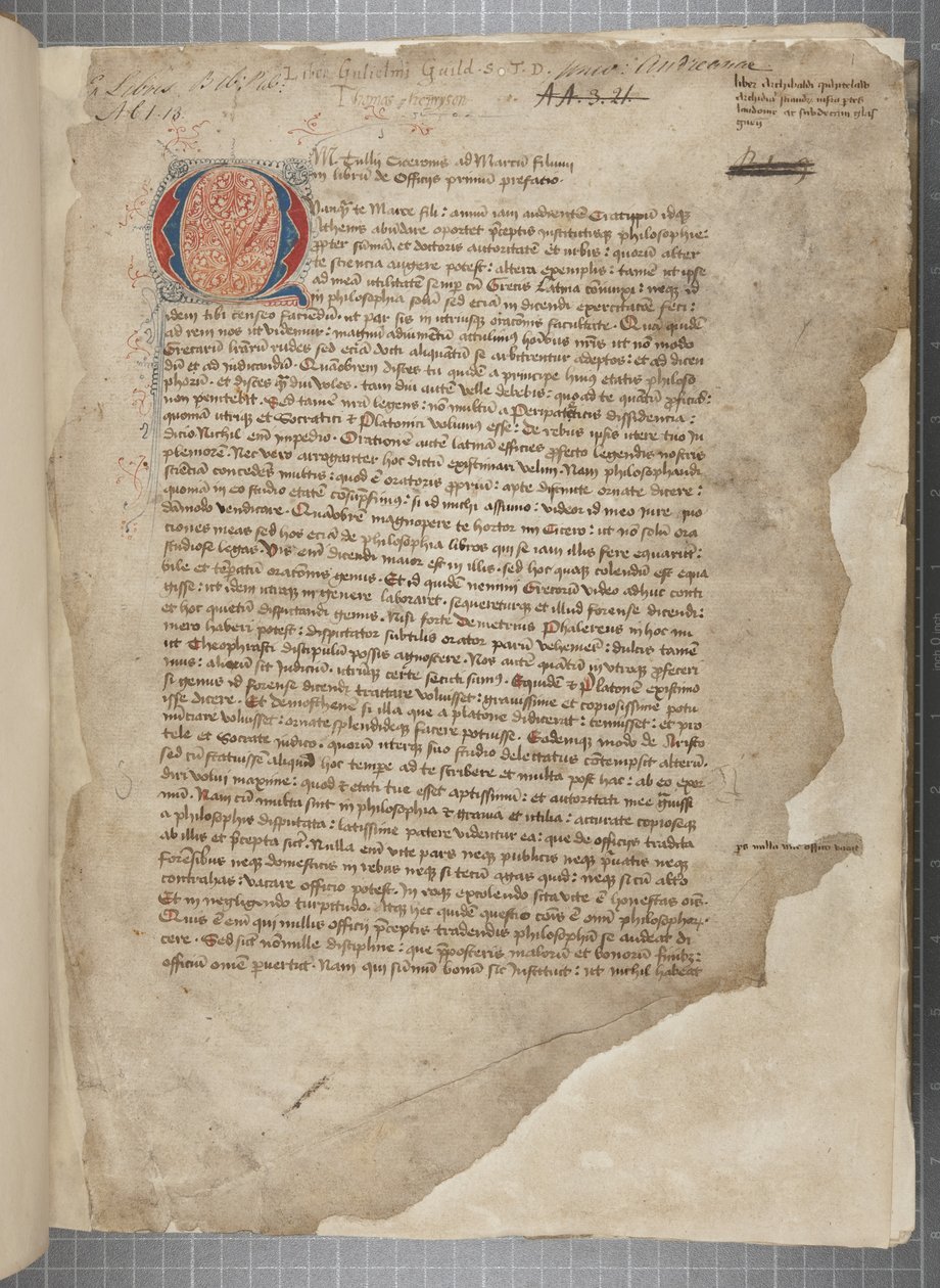 Uma transcrição, em três mãos, das obras filosóficas de Marcus Tullius Cicero aparentemente tirada da editio romana de 1471, com marginalia na mão de Archibald Whitelaw e outros, c.1480 (tinta sobre pergaminho) de Unbekannt