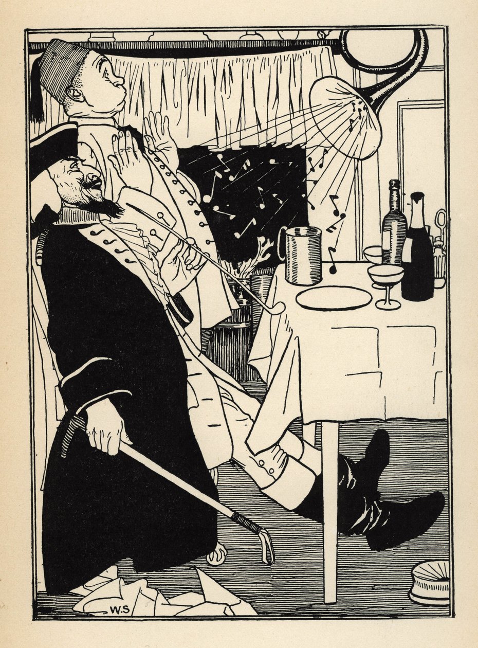 Uma trombeta que tinha congelado, produz sons por si só quando aquece, tem a diversão e o espanto de toda Ilustração de William Strang (1859-1921) e JB Clark de "The Adventures of the Baron of Munchausen (Munchhausen)" de Rudolf Erich Raspe (1736- de Unbekannt