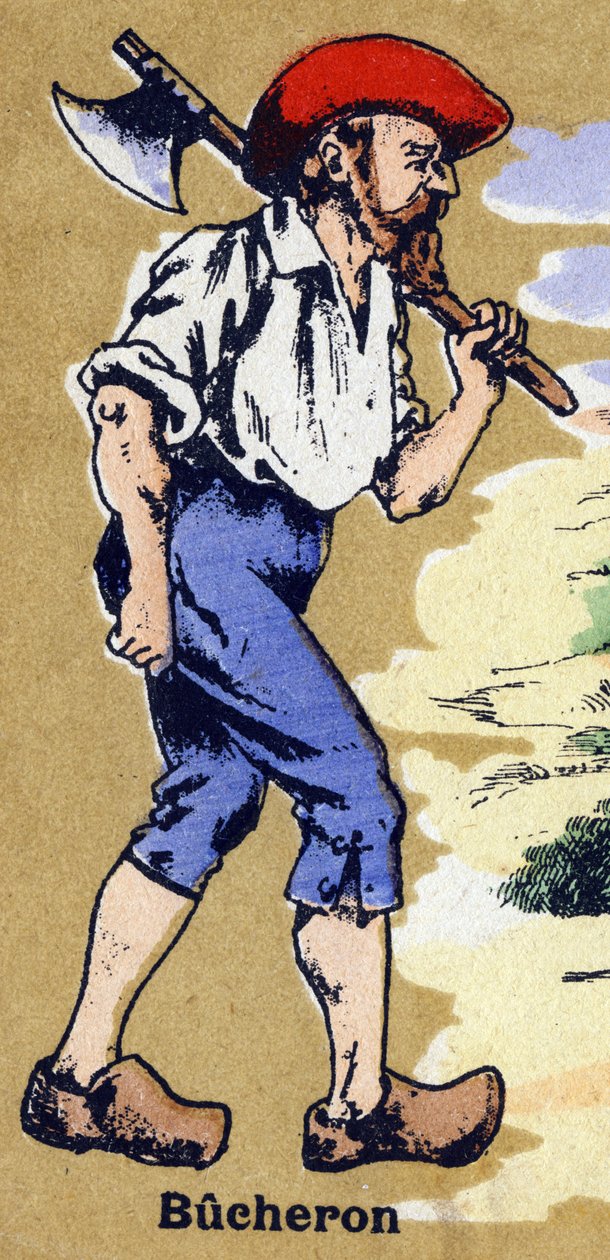 Um lenhador que sai para cortar madeira com um machado. Alfabeto ilustrado. Imagens reunidas em Jarville-Nancy, início do século XX. Dimensões: 40 x 29 cm. Litografia sobre fundo de bistre. de Unbekannt