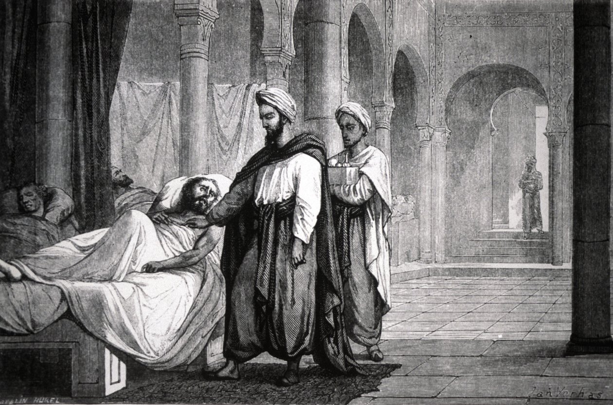 Abulcasis (936-1013), médico do califa Al-HakamII, no hospital de Córdova (Espanha), gravura de Unbekannter Künstler