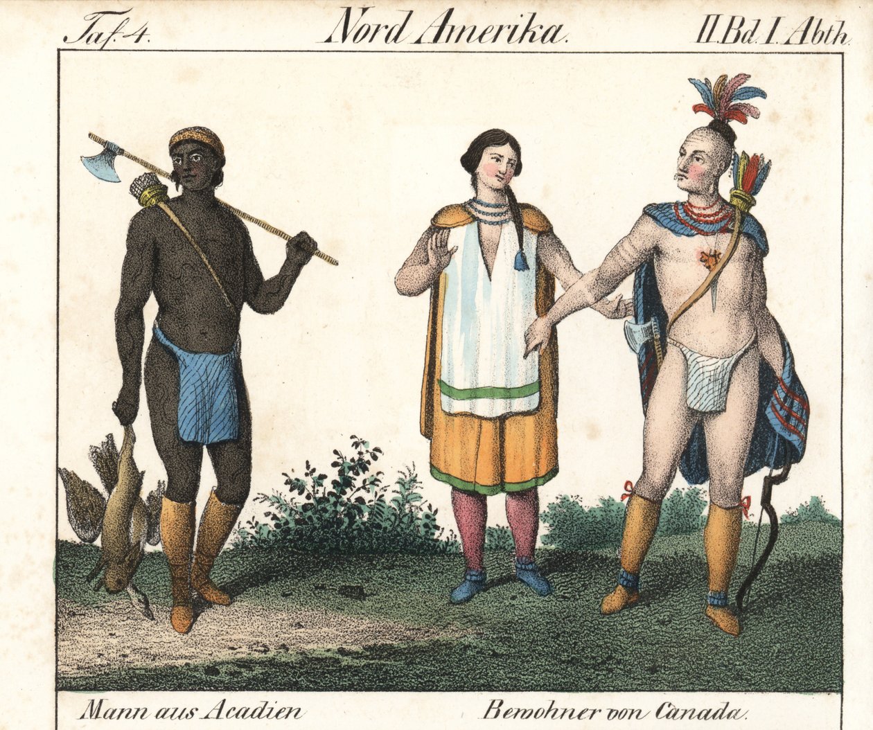 Homem acadiano com o corpo tatuado e um casal de índios canadianos. Litografia para o livro: "Galerie complete en tableaux fideles des peuples d