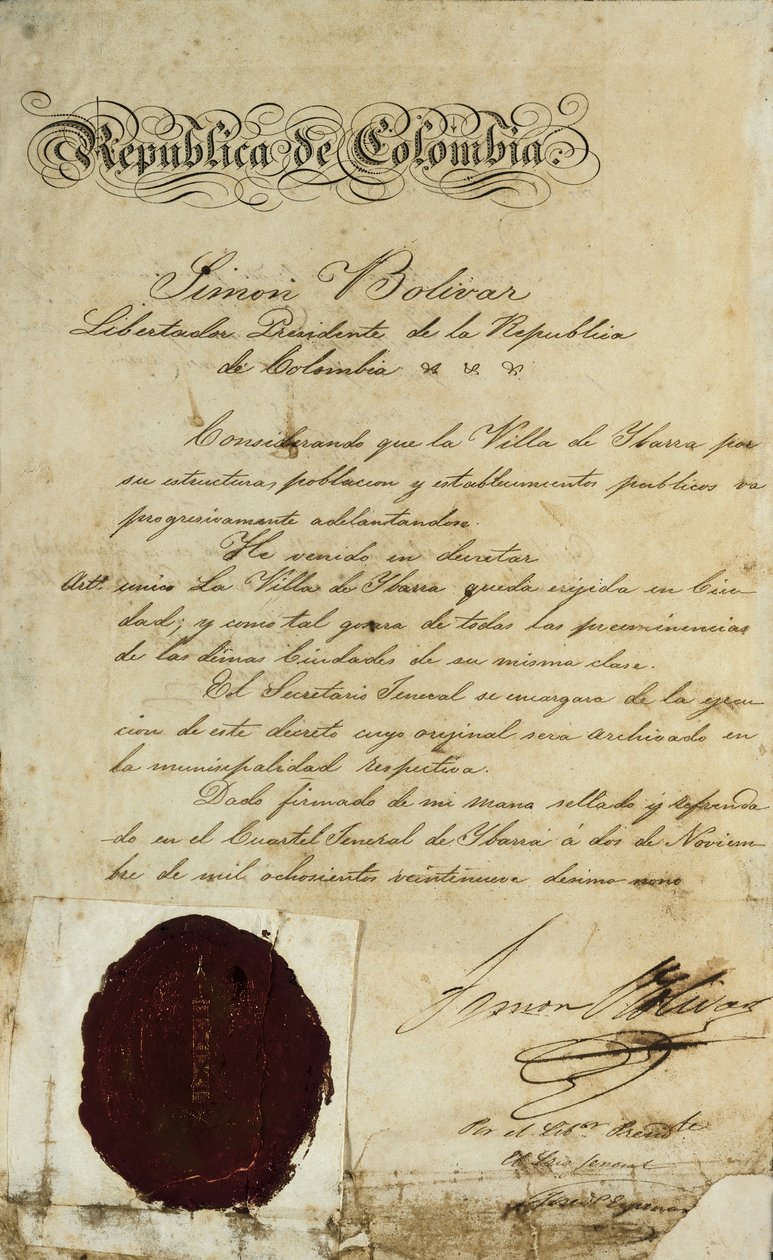 Ato de elevação da vila de San Miguel de Ibarra por Simon Bolivar de Unbekannter Künstler