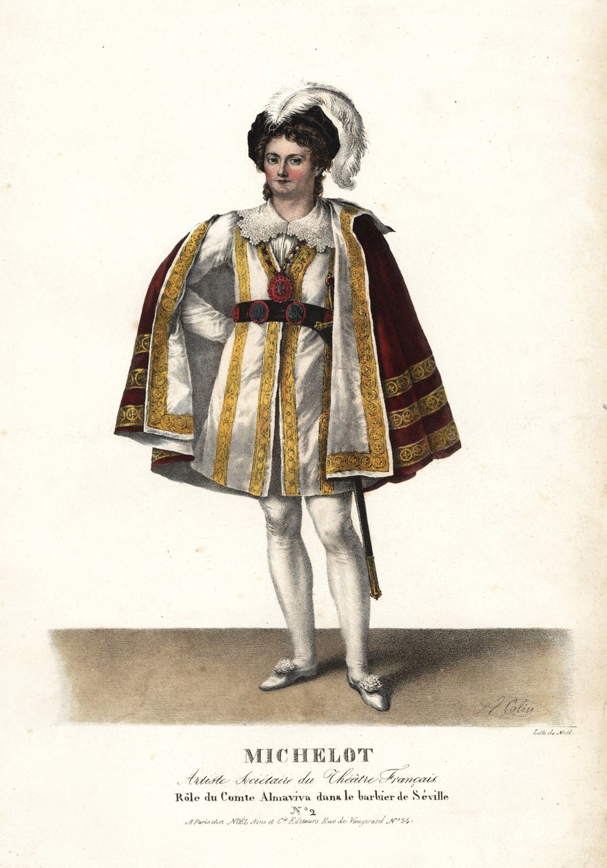 O ator Pierre Marie Nicolas Michelot no papel de Comte Almaviva em Le Barbier de Seville de Pierre Beaumarchais, Theatre Français. Litografia colorida à mão por F. Noel a partir de uma ilustração de Alexandre-Marie Colin de Portraits d