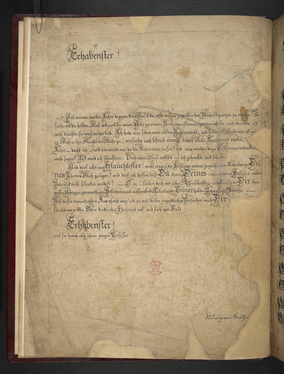 Adicionar MS 41631 f.1v Cópia de Beethoven das suas três primeiras sonatas pianoforte em Eb, F menor e D de Unbekannter Künstler