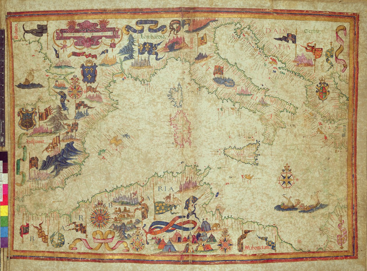 Adicional 5415A, ff.11v-12r: A Costa do Mediterrâneo desde o Estreito de Gibraltar até à Morea com o Adriático, c.1558 (vellum) de Unbekannter Künstler