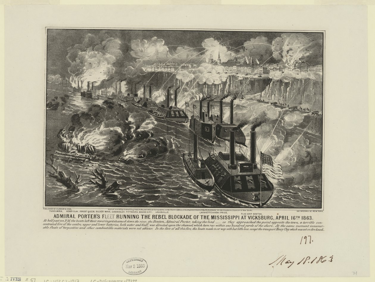 Frota do Almirante David Dixon Porter comandando o bloqueio rebelde no Mississippi em Vicksburg, 16 de abril de Unbekannt