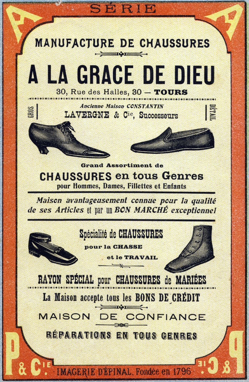 Publicidade para a Fabricação de chaussures "A la grace de dieu" em Tours. Gravação em "ABC Les Images en Alphabet". Imagem epinal. Pellerin e Cie, impressora-editora, Epinal, finais do século XIX, cerca de 1890. 10 páginas. Dimensões: 19,5 x 13,5 cm. de Unbekannt