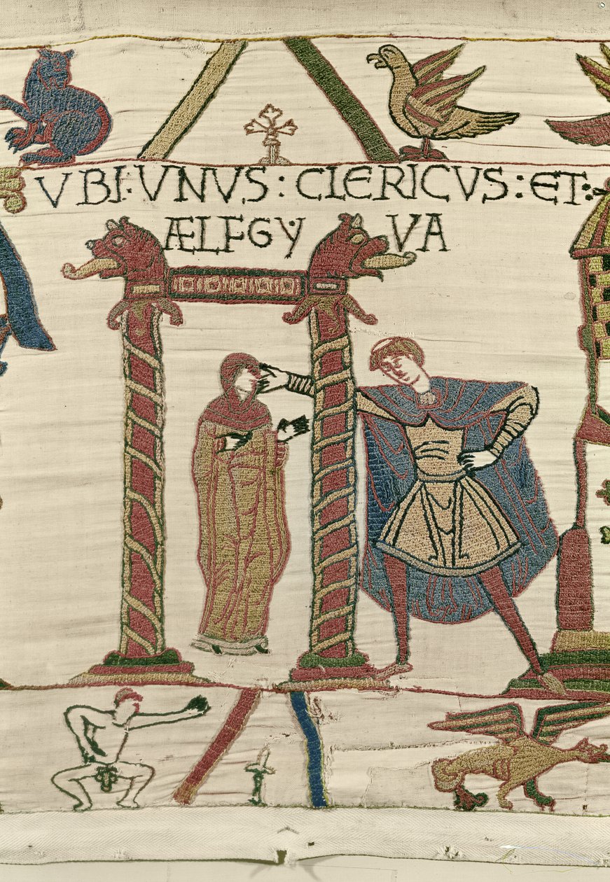 Aelfgyva com um padre, Bayeux Tapestry (bordado de lã em linho) de Unbekannt