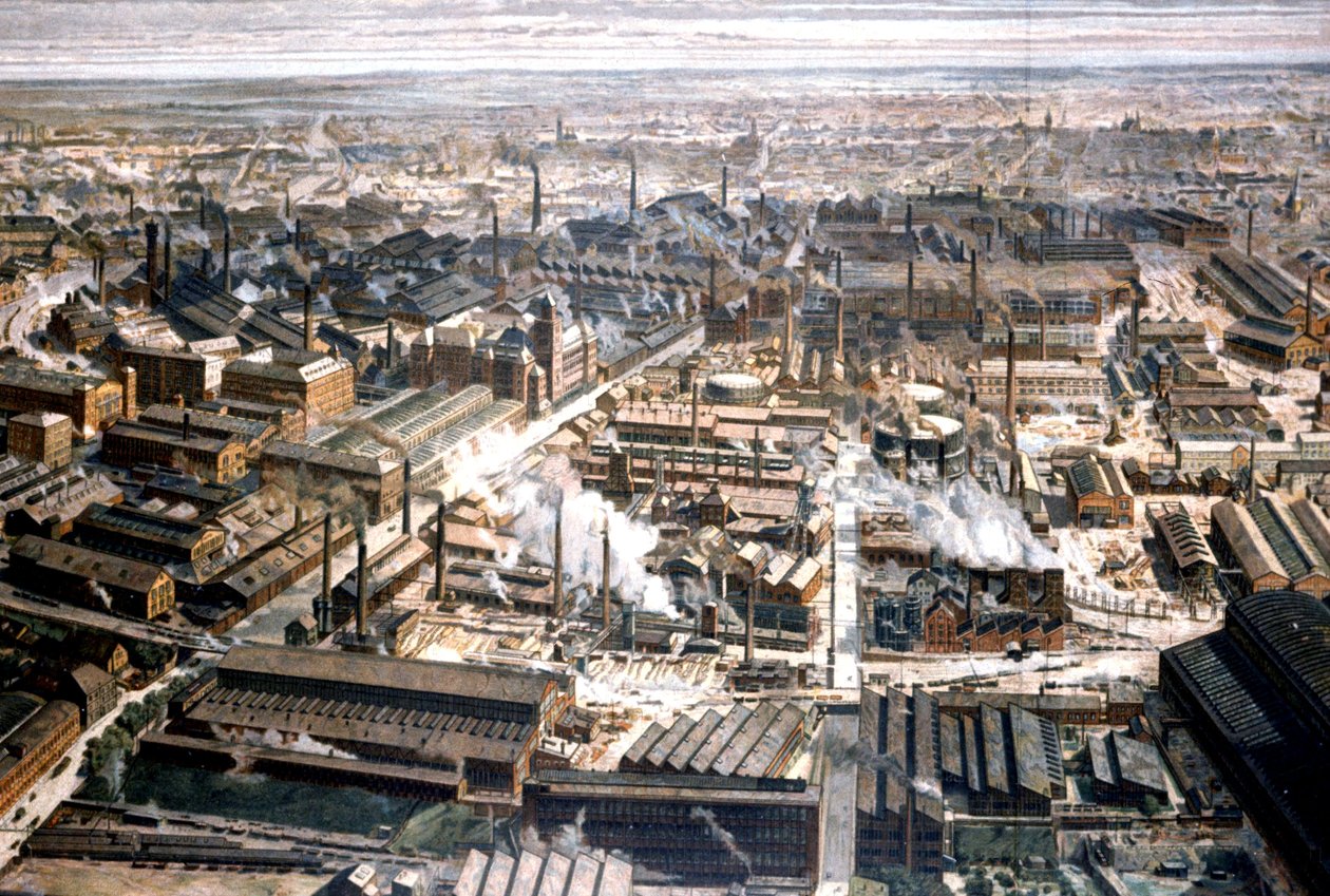 Vista aérea da fábrica Krupp em Essen, c. 1920 (gravura) de Unbekannter Künstler