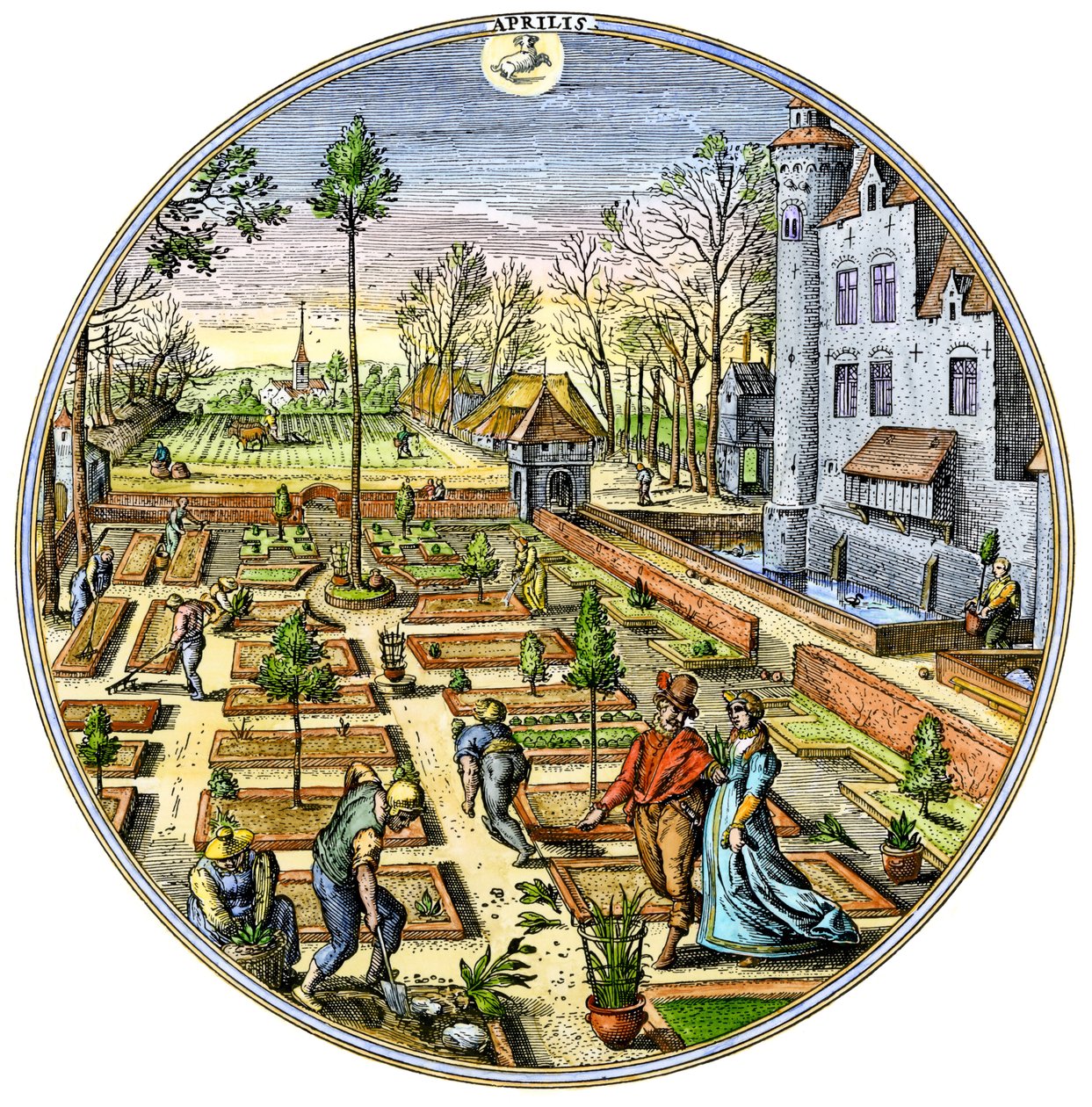 Agricultura: Jardinagem numa horta europeia no início da primavera, por volta de 1590 Gravura a cores do século XVI de Unbekannter Künstler