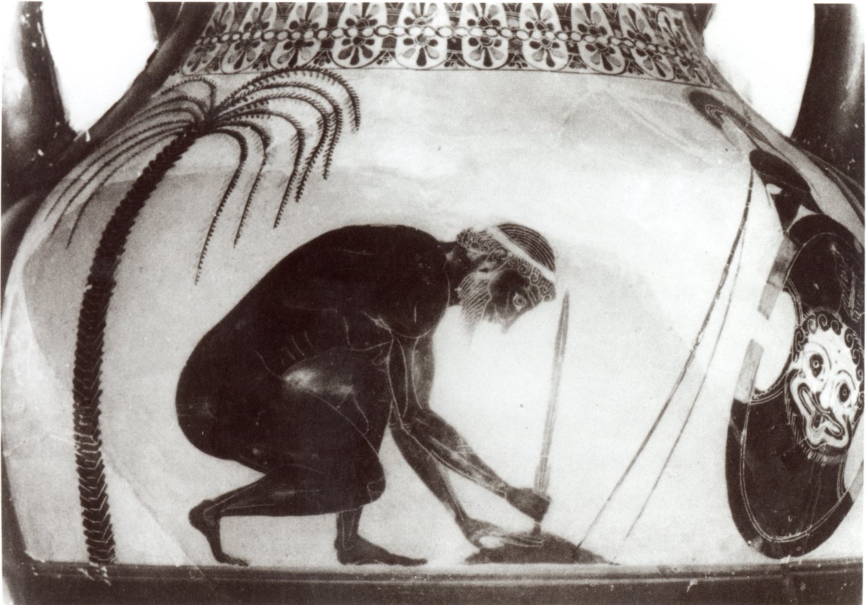 Ajax Preparação para a sua Morte, ilustração após um vaso de krater grego do século VI a.C. (gravura) (foto a p/b) de Unbekannt