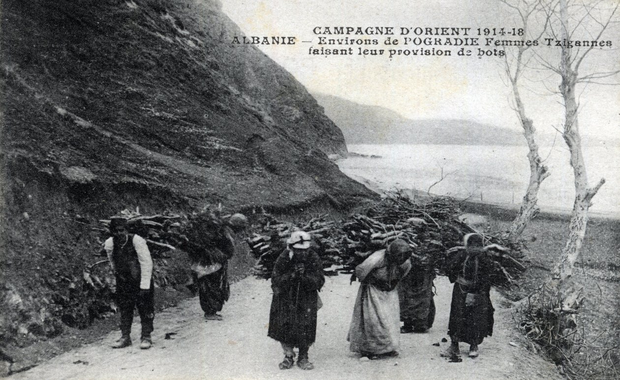 Albânia: Mulheres ciganas usando maços de madeira nas costas - Postcard 1914-1918 de William M. Timlin
