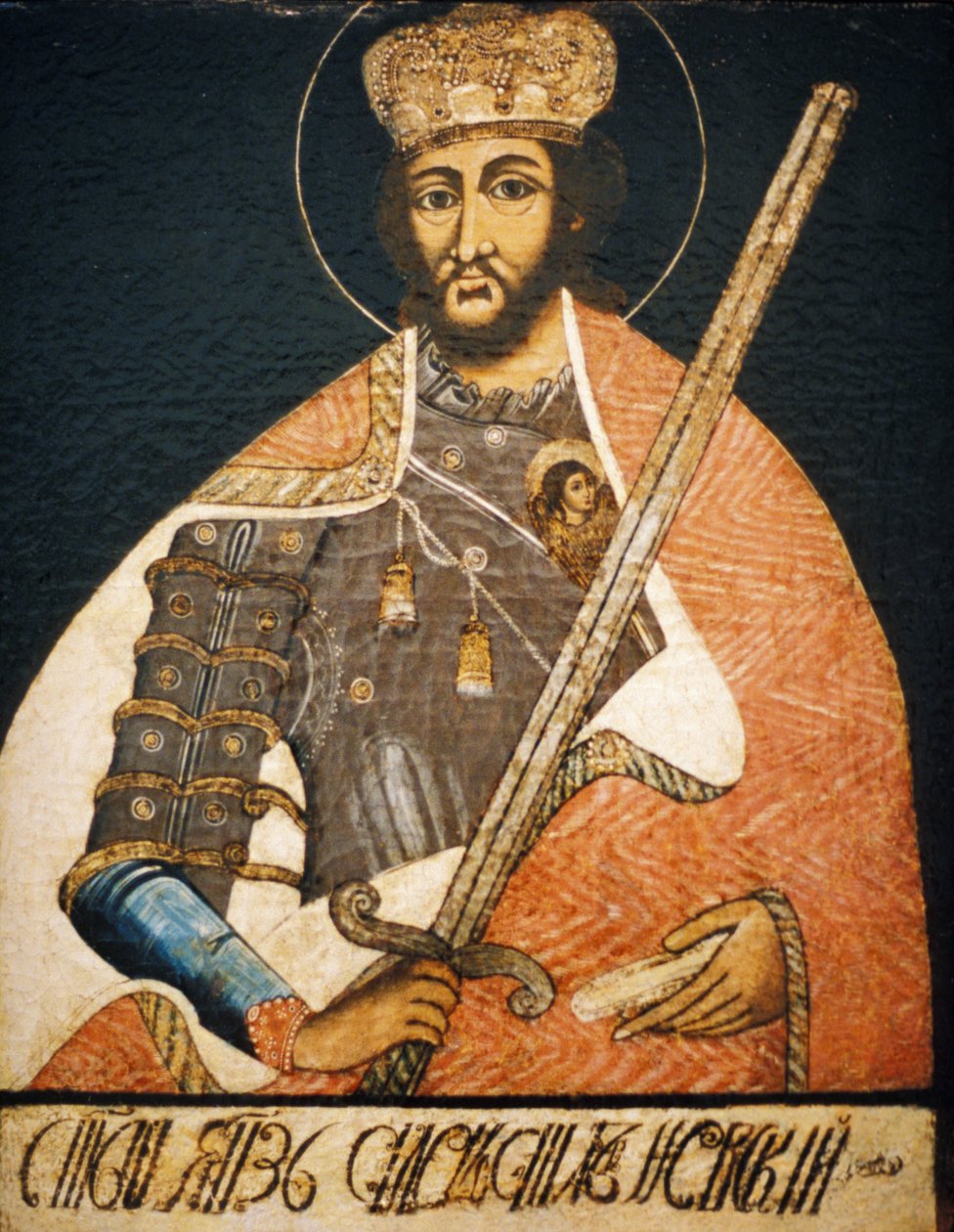 Alexander Nevsky retratado como um santo guerreiro num retrato por um Artista Desconhecido do início do século XVIII, declara o seu Museu de História, Moscovo. de Unbekannter Künstler