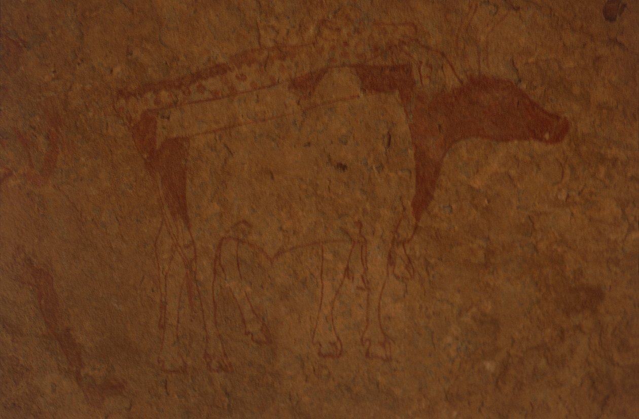 Argélia, deserto do Saara, Parque Nacional de Tassili-n-Ajjer, sítio do Sefar, pintura rupestre representando touro. de William M. Timlin