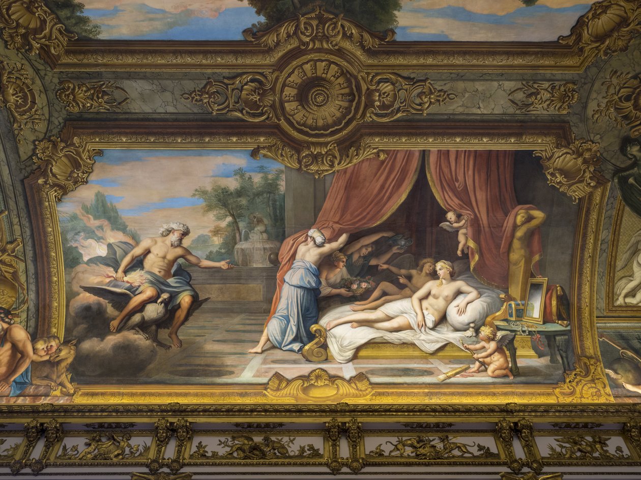 Allegorie du Feu representando Júpiter e Semele, Luís XIII (1601-1643) visitando Ana da Áustria (1601-1666) (concepção de Luís XIV). Pintura do cofre da Galerie doree, de François Perrier (1594-1649) de Unbekannt