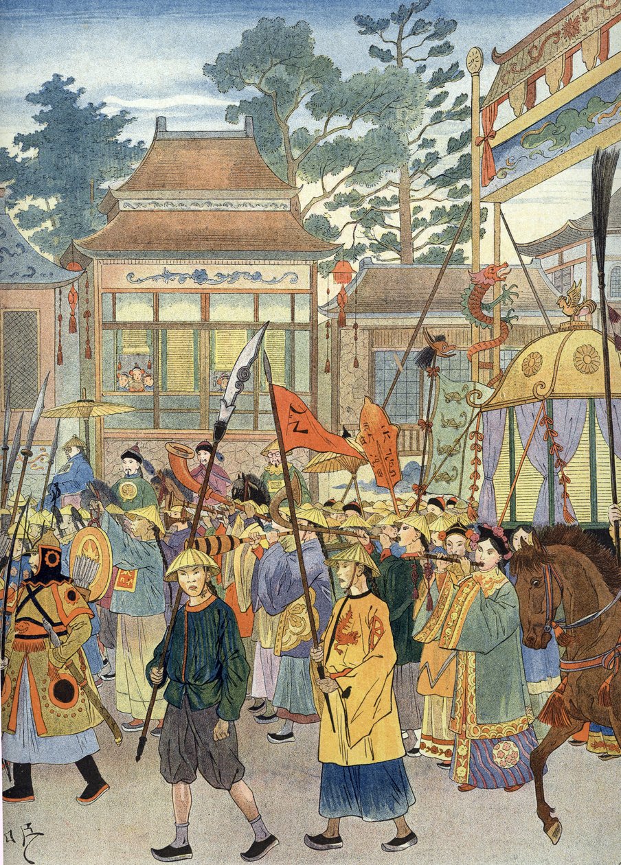 Alegoria do antigo hino chinês: O Imperador num Palanquim, por volta de 1900 (Ilustração) de Unbekannter Künstler